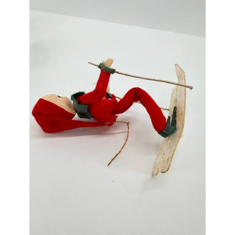 Vintage Christmas Elf Pixie Skier Dolls Plastic Felt Ski Holiday Decor Set